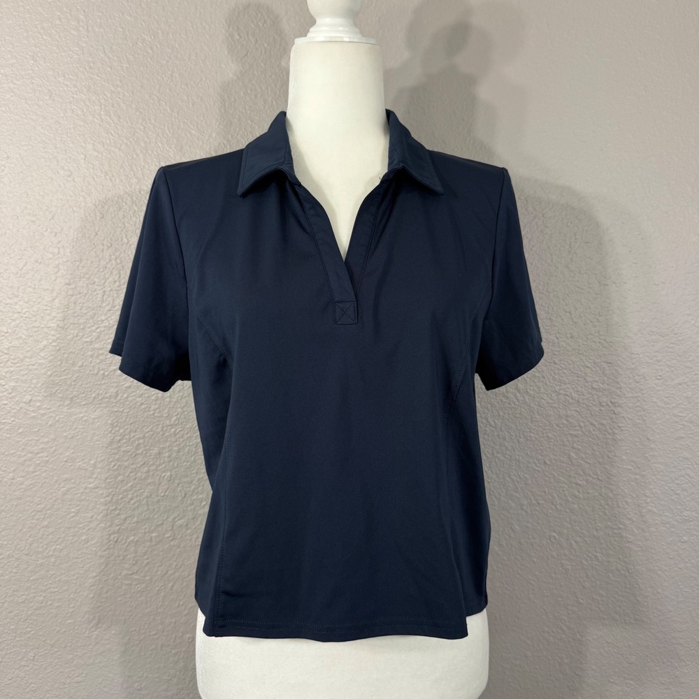 Hind Women's Size L Navy Blue Short Sleeve V-Neck Athletic Polo Shirt